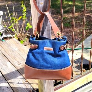 RISETTI PURSE, combination of denim canvas trimmed with vinyl.